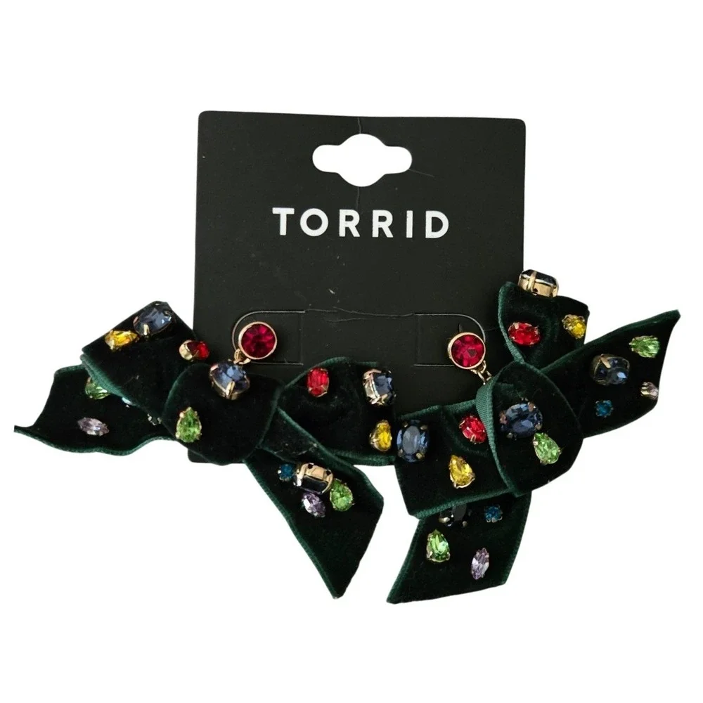 Torrid Holiday Bow Earrings Dark Green Velvet Rhinestone Gold Tone Festive New